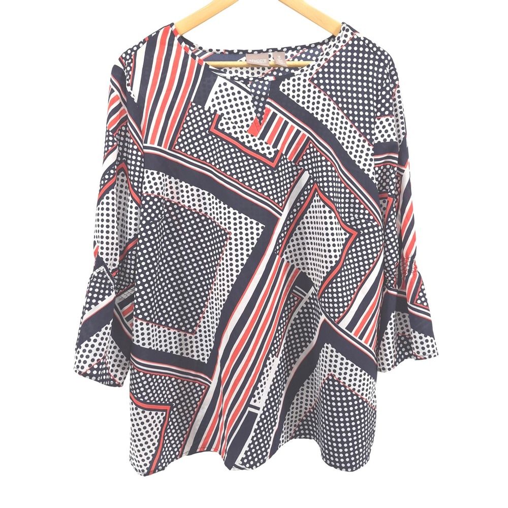 Chicos Size 3 Geometric Polka Dot Bell Sleeve Top  Navy Sz XL Career Office Work
